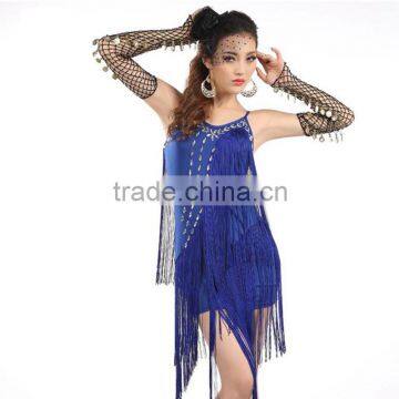 2016 New Latin Dance Dress Fringed Sequins Tassel Sexy Pole Skirt Costumes Competition Wear