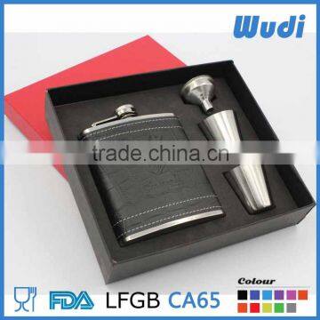 PU Leather hip flask set with custom logo ,with 2 shot glasses and funnel HSET15