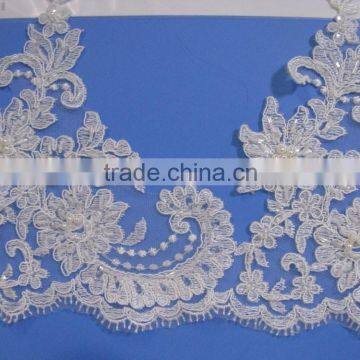 embroidery beads trimming lace / 2016 New Style White Pearls Beaded Trim for Wedding Dress/guipure trim/tulle broderie