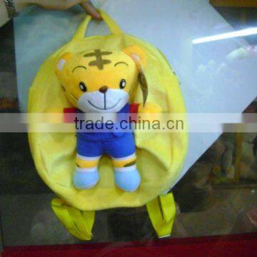 Stuffed and promotional soft tiger animal toy plush backpack with pompom for children