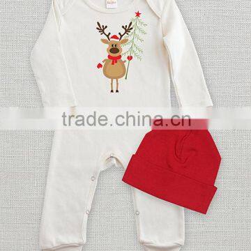 2016 Newest Reindeer Ivory Baby Playsuit Cotton Infant Rompers With Red Beanie Button Kids Clothing G-NPCS90628-19