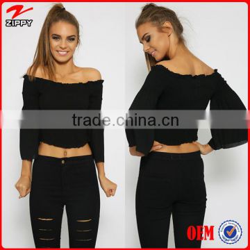 2016 women's wholesale apparel custom off shoulder black crop tops