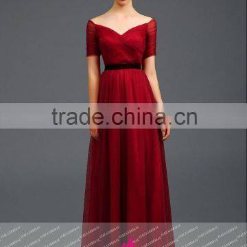 K141 V Neck Short Sleeve Chiffion A Line Red Prom Dresses photo-2