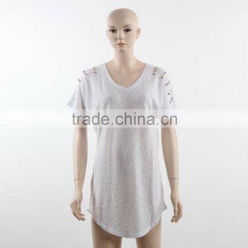 F5W13021 New Fashion Beads Embroidered Women White Long Sleeve T Shirts