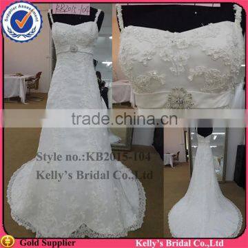 Spaghetti strip Appliqued and beaded lace bodice real sample wedding dresses 2015