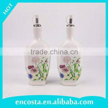 Set Of 2 Elegant Flower Ceramic Oil And Vinegar Pot Bottle With Metal Dispenser