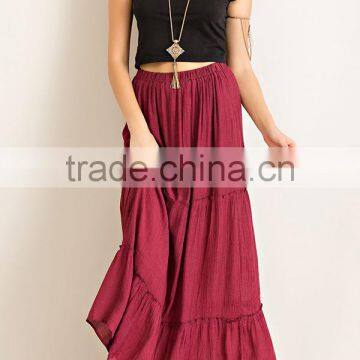 Long Skirt Models Elastic Waist Solid Crinkle Tiered Maxi Skirt Party Wear Long Skirts