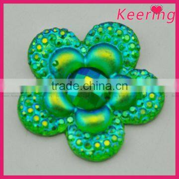 Keering fancy resin stone green flower acrylic bead with flat back