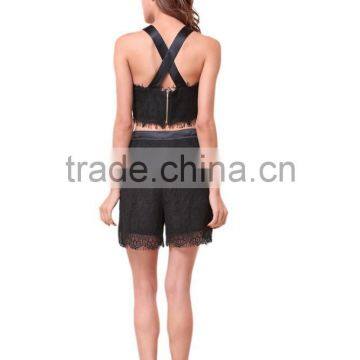 Fashion Design Short Lace Eyelash Hem Ladies Crop Top Set