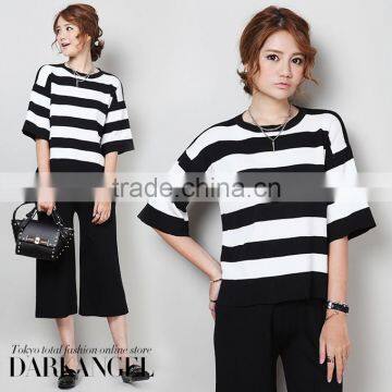 Girl's Tops&tripe T Shirt With Black&white