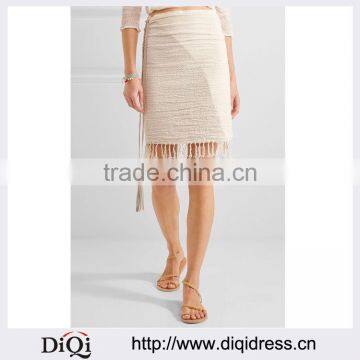 Wholesale Women Apparel Ivory Beige Leather-trimmed Fringed Cotton-gauze Skirt(DQE0384SK)