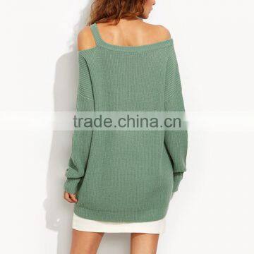 Sexy Knitted Pullover Sweater Women Long Sleeve Asymmetric Cold Shoulder Long Sweater photo-4