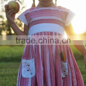 2016 Girls ABC + 123 in Antique Brick Well Dressed Remake Dress Kids Back To School 100% Cotton Striped Lace Dress photo-3