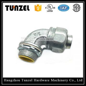 Liquid tight 90 degree malleable flexible conduit connector