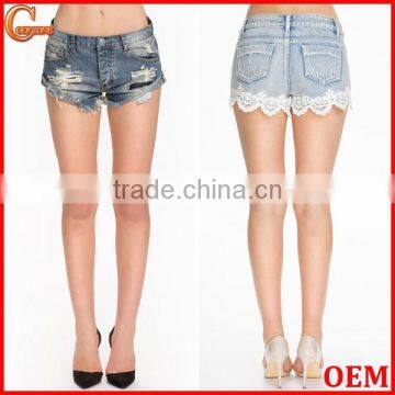 Latest classic stone washed denim shorts sexy women shorts with lace trim