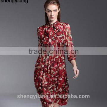 Ladies Floral Printed Literary Traditional Silk Dress With Knot Neck photo-2