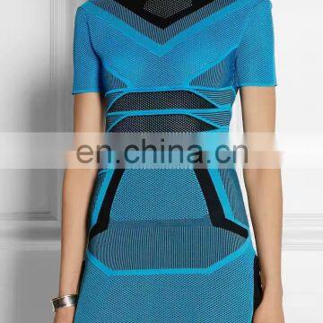 Amigo 2017 Latst Blue Short Sleeve Jacquard Weave Sexy Bandage Dress Evening Dresses for Girls Party Wear photo-2