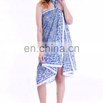 Summer Sarong New Women Bathing Suit Beach Dress Sarong Wrap Indian Latest Blue Floral Bikini Swimwear Cover Up