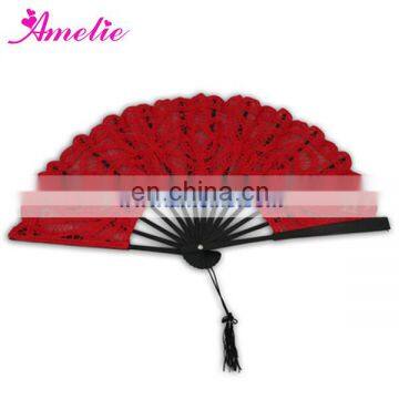 Elegant Gothic Lolita Battenburg Cotton Lace Bamboo Hand Fan - Red Black
