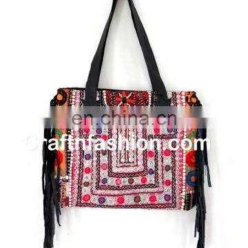 Ethnic Boho Leather Fringe HandBag- Tribal Hand Embroidered Banjara Leather Fringe Handbag- Vintage Banjara Handbag Leather bag