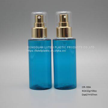 Wholesale 100cc blue PETG plastic personal care lotion cosmetic round bottle with gold sprayer pump