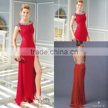 New Long Cap Sleeve Split Open Back Red Evening Gown
