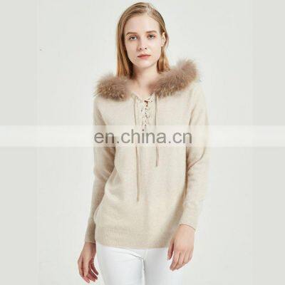 Women Fashion Casual Winter Cashmere Wool Knit Hoodie with Fur