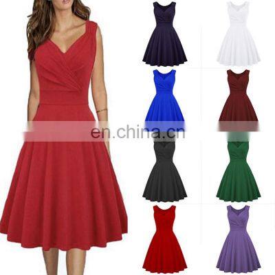 Evenings Women's Tea Length Dress with Rosette Detail V Neck Casual Dress Summer Solid