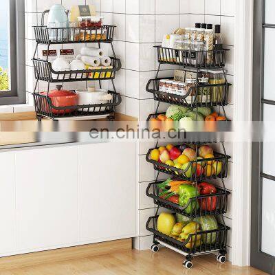 In Stock Foldable 2 Tiers to 6 Tiers Stack Vegetable Fruit Wire Rolling Cart Kids Toy Storage Basket