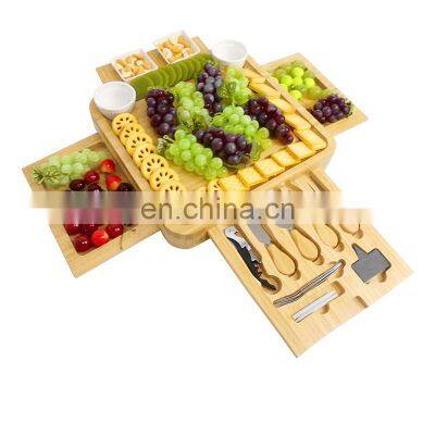 Bamboo Wood Charcuterie Magnetic 4 Slide-Out Drawers Cheese Board Set With Ceramic Bowls And Cutlery Knife photo-4