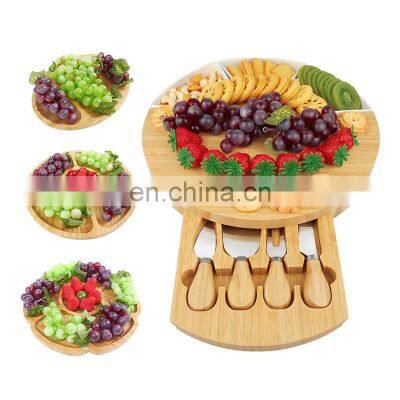 Bamboo Round Charcuterie Boards Cheese Board and Knife Set Meat Platter With 4 Knives Cheese Cutting Board Set photo-2