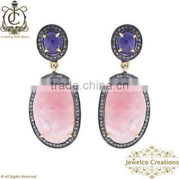 Pink Opal & Tanzanite Gemstone 925 Silver Dangle Earrings, Pave Diamond Earrings, Gemstone Diamond 14K Gold Earrings Jewelry