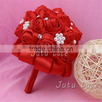 Romantic wedding bridal bouquet-artificial satin ribbon handmade rose fabric flower