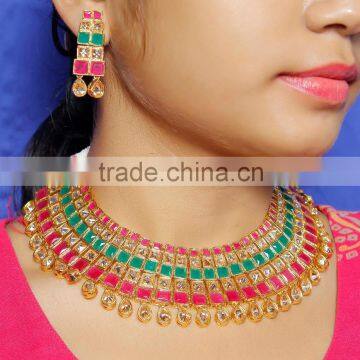 Indian Bollywood Style Crystal Ruby Red & Green Necklace Sets