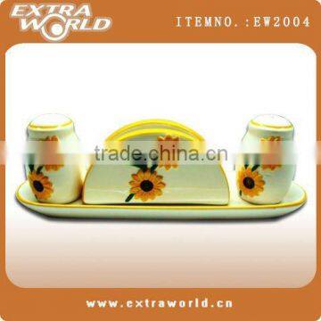 ceramic salt and pepper bottle with napkin holder set