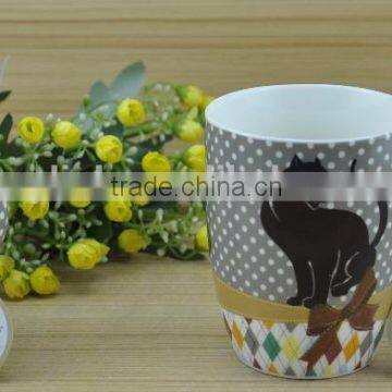 11OZ black cat with lace design overall decal printed coffee cups, shiny surface porcelain mug, KL5004-162