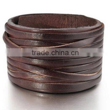 men's large alloy genuine leather bracelet bangle cuff brown silver punk rock adjustable fit 7~9 inch