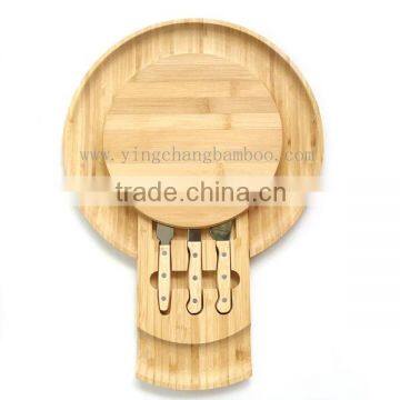 Round bamboo wood cheese board with 3 Knife set