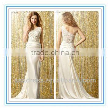 2014 Lace Motif Covered Back One-Shoulder Sheath Dress Ruched Bodice Alibaba Wedding Dress(WDWA-1002)