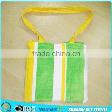 2015 China supplier cotton velour printed stripes pattern single strap beach towel bag