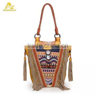 Fancy Ladies Handbag Fringed Leather Ethnic Bag Hand Made Embroidery Cotton Ethnic Bag Quality Choice