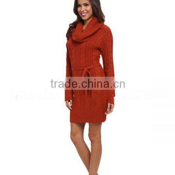 latest arrival women high quality fashion wool belt winter Cowl Neck Sweater Dress designs in hot sale