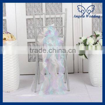 SH001F fancy 2015 New cheap elegant fancy organza color combination wedding curlly rainbow ruffled chair sashes