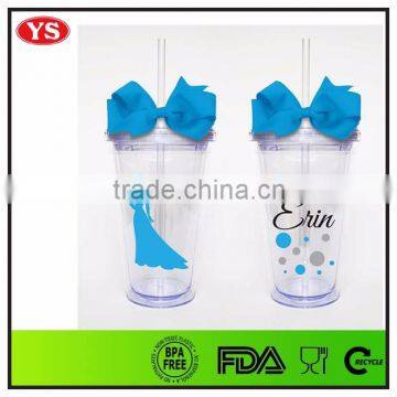 BPA Free 16 oz Double Wall Plastic Tumbler Mug With Straw and Flat Lid