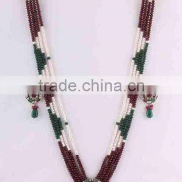 Indian manufactured gemstone multi studded necklace with earrings women fashion jewelry. Brass metal.