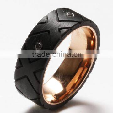 Men's Stainless steel Ring Rose Gold Plated Wedding Band with Black Carbon Fiber Inlay