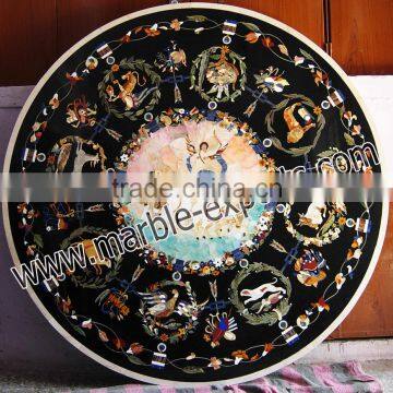 Italian Inlay marble Dinning Table Top, Round Black Pietra Dura Table top