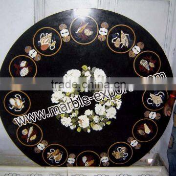 Black Round Italion Marquetry Marble Pietra Dura Dining Table Top