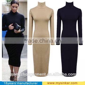 China Supplier Jersey Turtle Polo Neck Stretch Bodycon Sexy midi short Latest Designs Dresses Long Sleeves