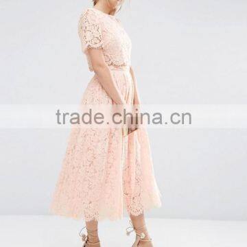 Pink Lace Crop Top and Puff Skirt Wedding Dress Girl's Short Sleeve Prom Two Piece Set photo-3